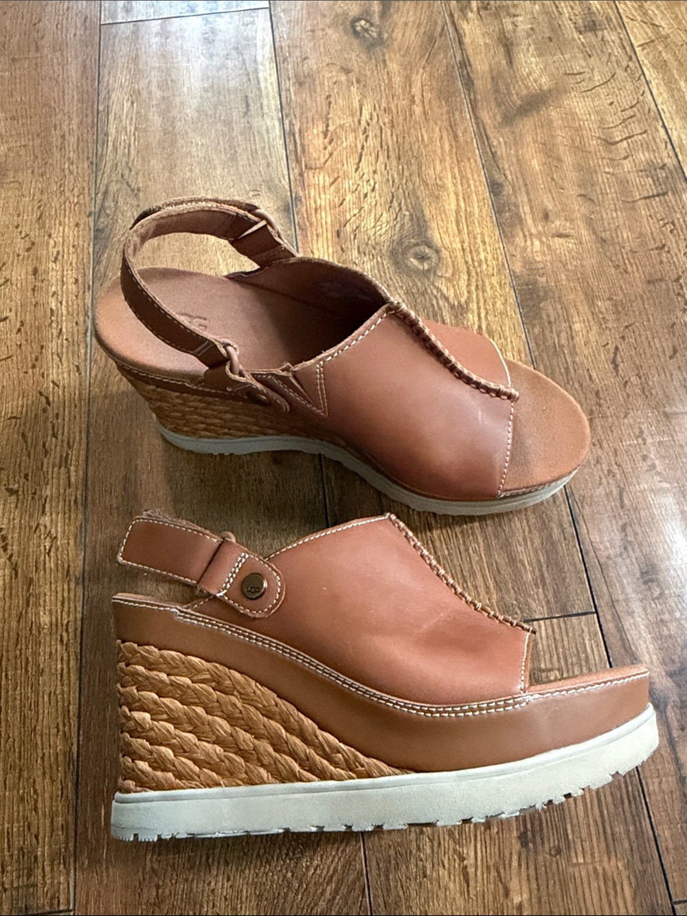 UGG Tan Leather Wedge Sandals with Braided Platform